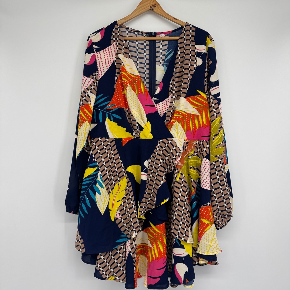 Women Dress L Multi Color Tropical Geometric‎ Maximalist Artsy Boho Resort Party